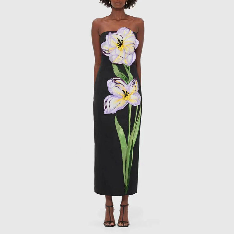 Socialite Design Maxi Dress Floral Embroidered Tube Top Sleeveless Slimming Dress Women