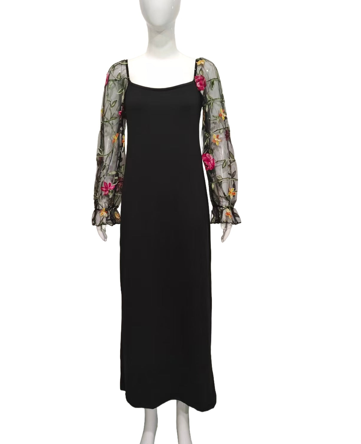 Women Clothing Women Heart Collar Floral Embroidery See through Slim Fit Elegant Dress