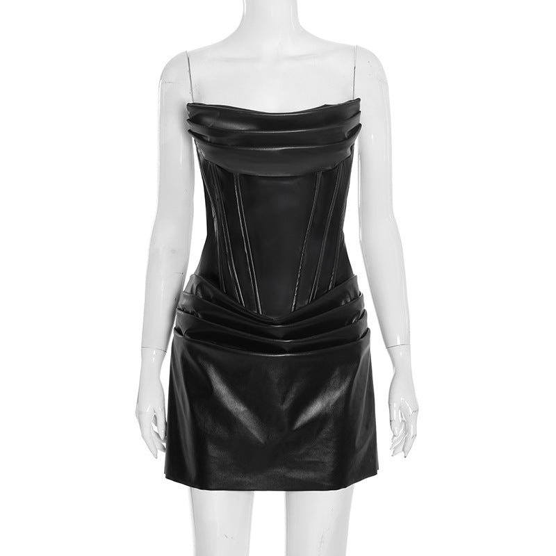 Fall Women Clothing Arrival Solid Color Sexy Faux Leather Pinch Pleated Boning Corset Tube Top A line Dress
