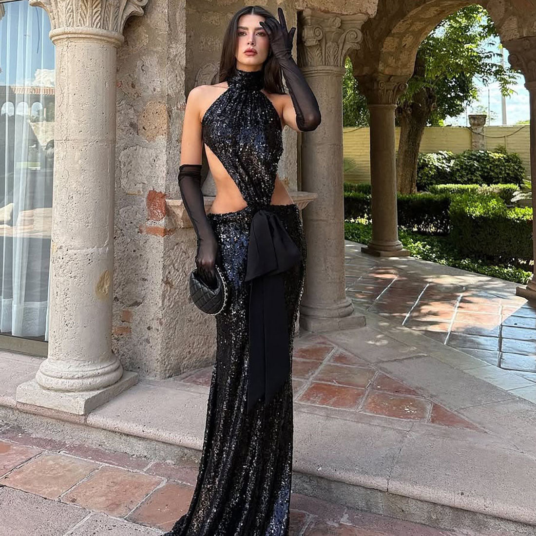 Autumn Winter Sexy Backless Hollow Out Cutout out Stitching Maxi Dress Elegant Sequ Dress