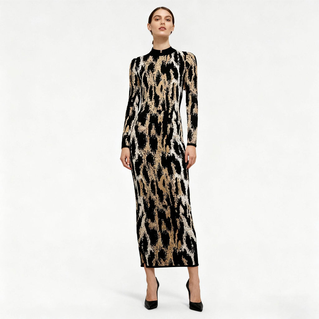 Elegant Maxi Dress Autumn Winter Vintage Leopard Print round Neck Long Sleeve Slim Dress