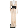 Women Clothing Winter Minimalist Long Sleeve Color Contrast Patchwork High Slit Slim Dress