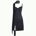Sexy Polka Dot Ribbon Halter Spaghetti Straps Dress Fashionable with Side Slit Irregular Asymmetric