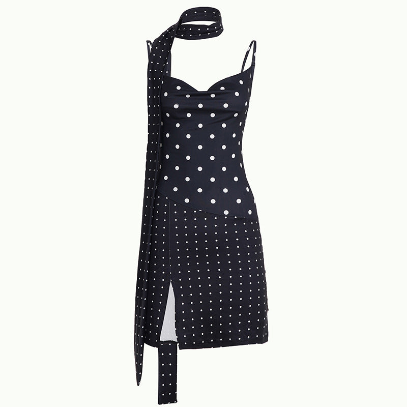 Sexy Polka Dot Ribbon Halter Spaghetti Straps Dress Fashionable with Side Slit Irregular Asymmetric