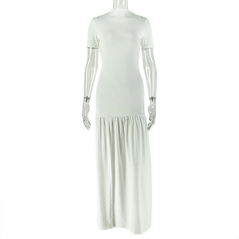 Slim Fit Solid Color Women Clothing Crew Neck Simple Hip Dress Slimming Patchwork Short Sleeve Maxi Dress