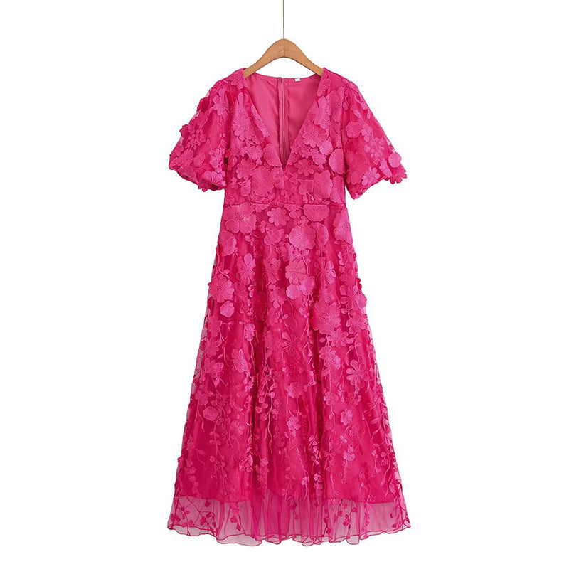 Elegant Women Elegant Simple Bubble Sleeve High Waist V neck Embroidered Dress Autumn Patchwork Dress