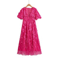 Elegant Women Elegant Simple Bubble Sleeve High Waist V neck Embroidered Dress Autumn Patchwork Dress