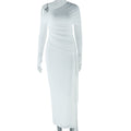 Women Clothing Solid Color Dress Sexy Off Shoulder Long Sleeve Mesh Stitching Dress