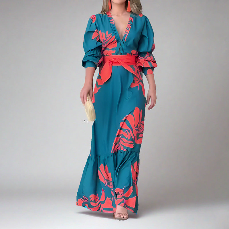 Women Clothing Elegant Printing Lace up Waist Bubble Long Sleeve Dress