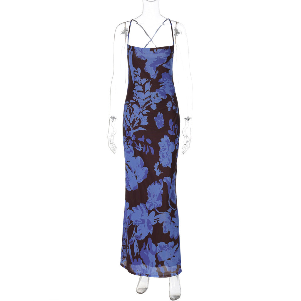 Summer Women Clothing French off Neck Strap Backless Long Printed Dress