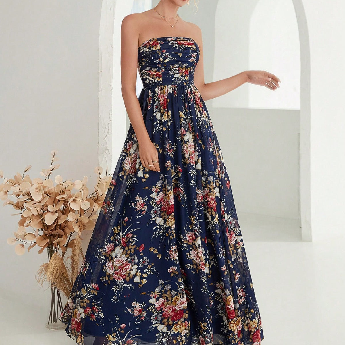 Printed Chiffon Tube Top Elegant Evening Dress Women Ball Gown Party Bridesmaid Spring Direct Supply A line Dress