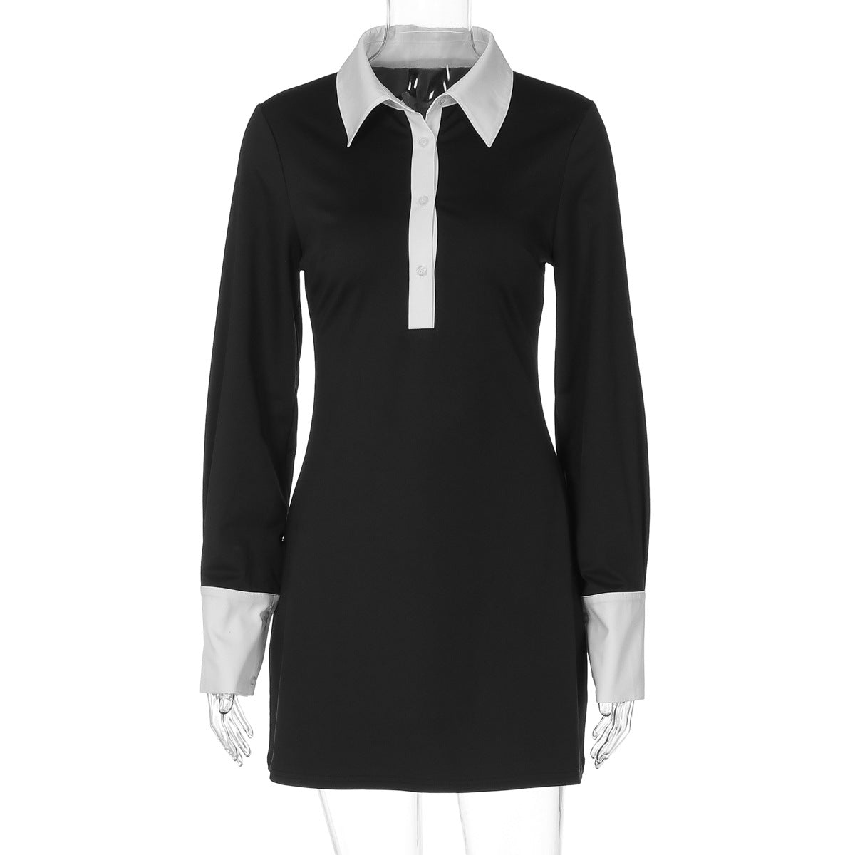 Women Autumn Stitching Contrast Color Polo Collar Slim Slimming Fashionable Short Temperamental Dress