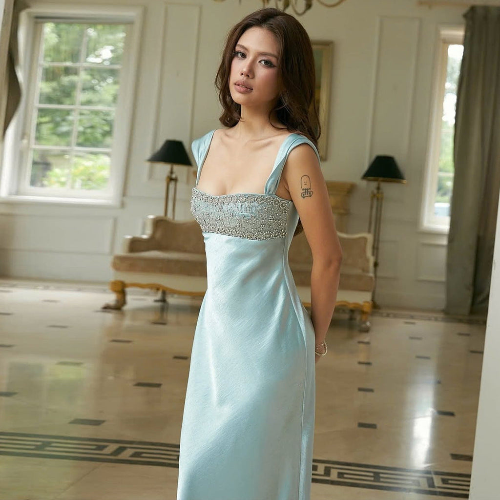 Autumn Winter Women Elegant Strap Tube Top Backless Rhinestone Waist Tight Maxi Dress for Women