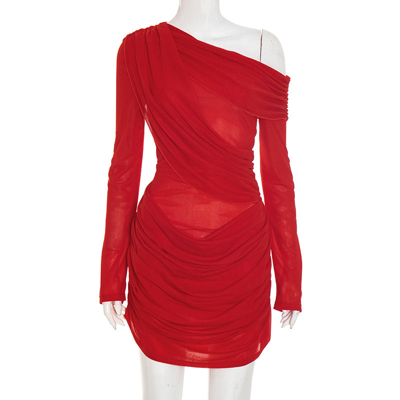 Women Clothing Autumn Solid Color Slim Casual Mesh Shoulder Pleated Long Sleeve Short Dress