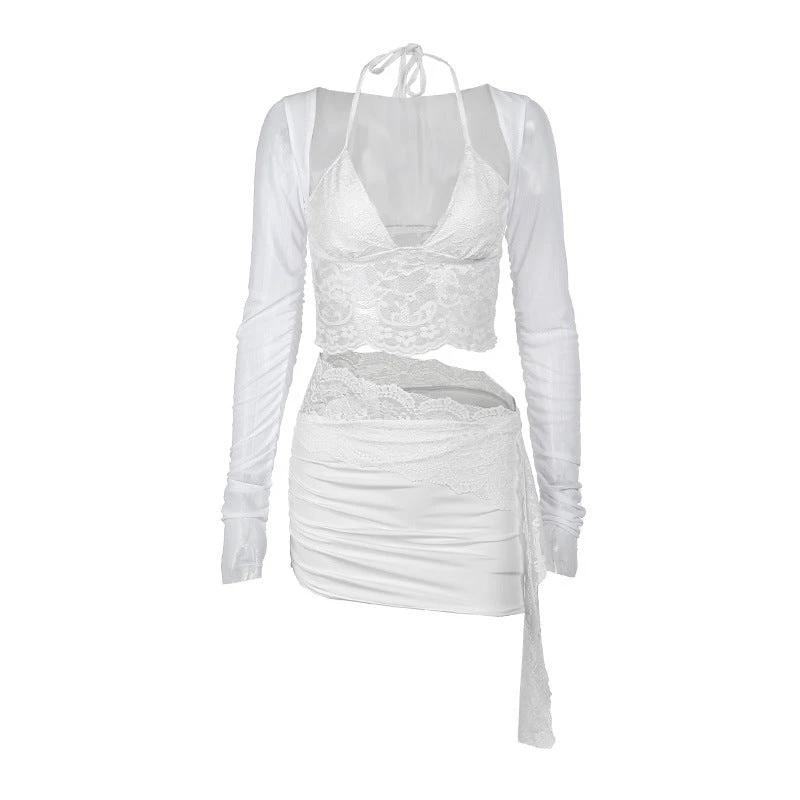 V-neck Lace Mesh Long Sleeve Cover and Cami Skirt Set