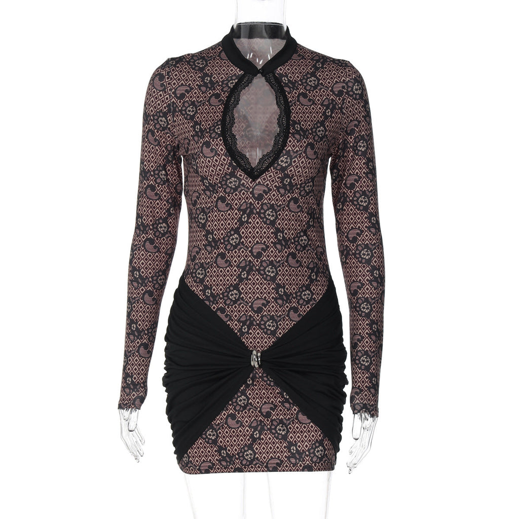 Women Clothing Winter Printed Sexy Lace Cutout Slim Fit Sheath Dress for Women