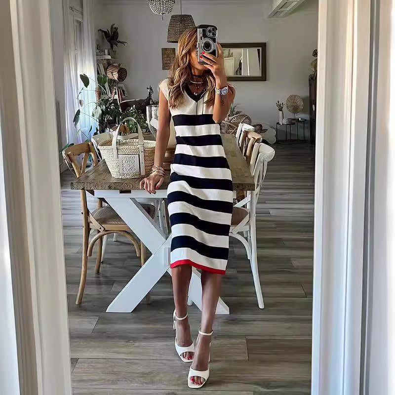 Dress Summer Striped V Neck Slit Hemline At Hem Casual Loose Dress