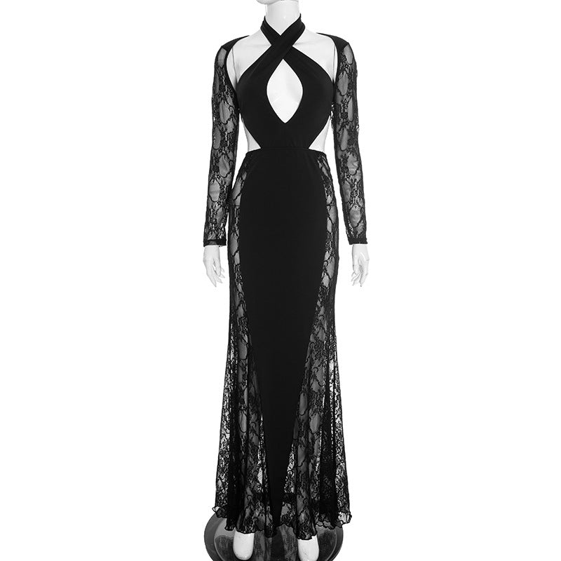 Women Clothing Winter Solid Color Hollow Out Cutout Sexy Stitching Lace Long Sleeve Slim Maxi Dress