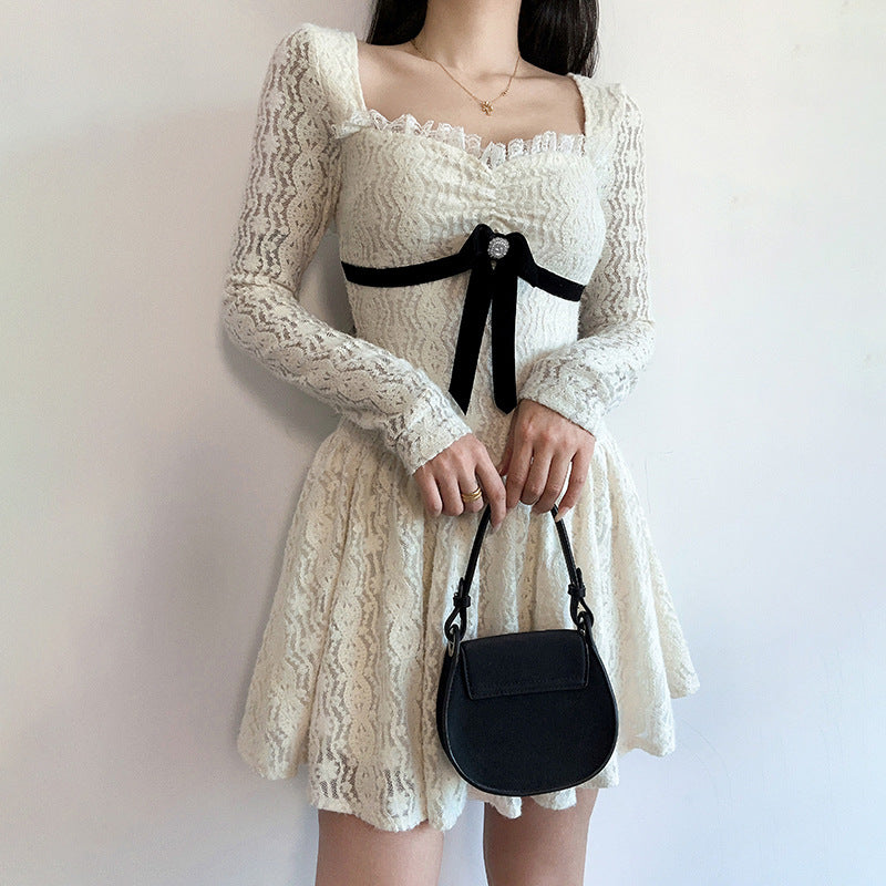 Lace Stitching Bow Waist Tight A line Dress Women Autumn Sexy Little Short Dress