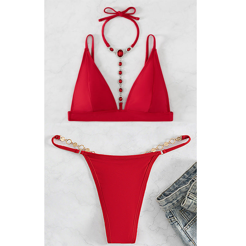 Popular Crystal Halter Swimsuit Women Sexy Pearl T Back Beach Bikini