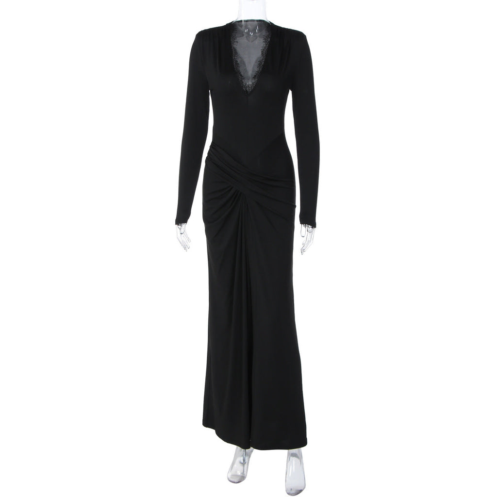 Women Clothing Autumn Slim Waist Twisted Solid Color Long Sleeve Dress Women
