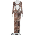 Women Clothing Fall Sexy Leopard Print Hollow Out Cutout out Long Sleeve Waist Baring Slim Fit Maxi Dress