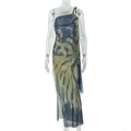Vintage Print Women Clothing Slim Fit Slit Sexy Asymmetric Dress One Shoulder Diagonal Collar Tube Top Dress