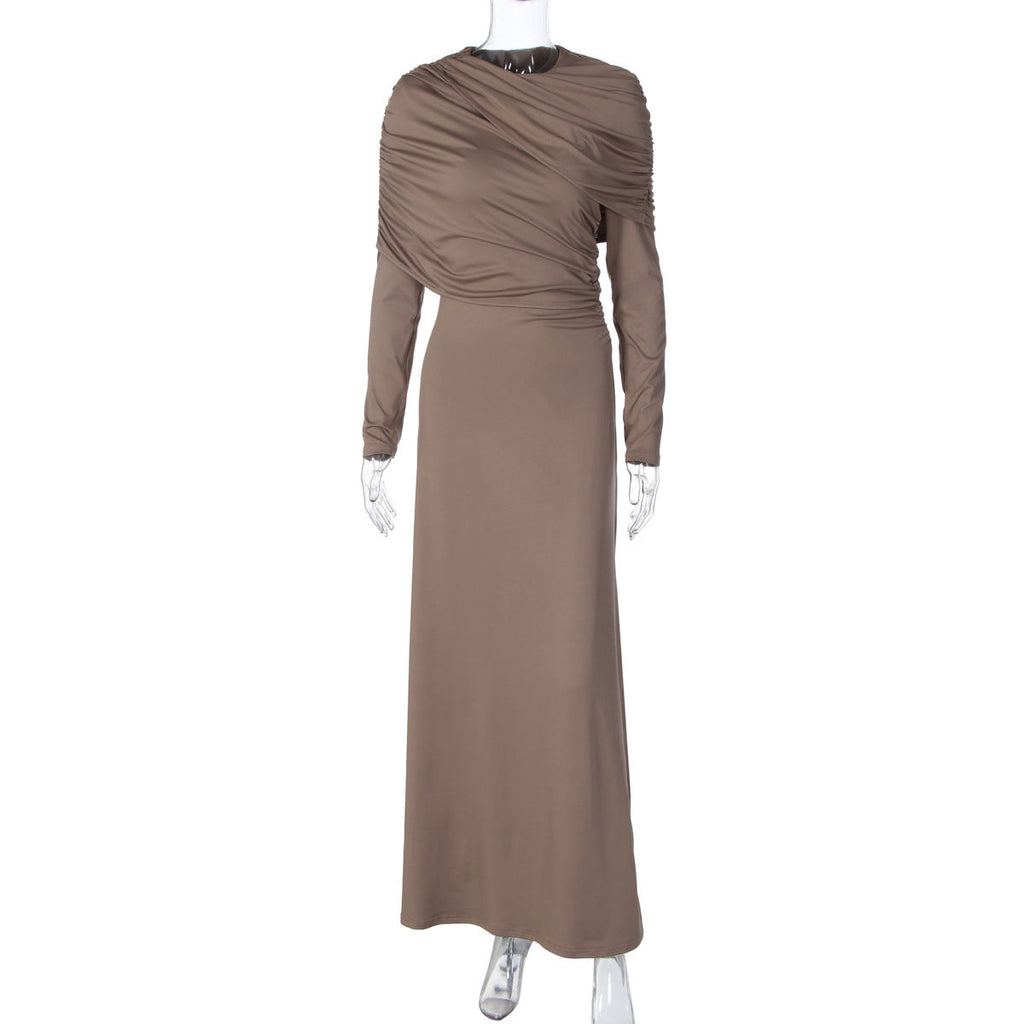 Women Clothing Autumn Fashionable Elegant Slim Fit Crumpled Irregular Asymmetric Solid Color Long Sleeved Dress