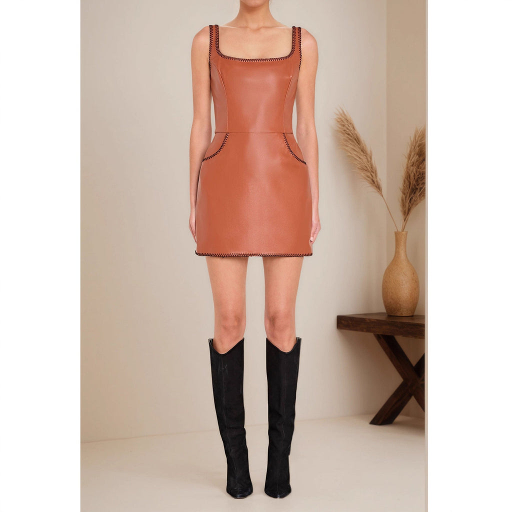 Women Clothing Autumn Faux Leather Dog Teeth Color Matching Skinny Sheath Sleeveless Dress