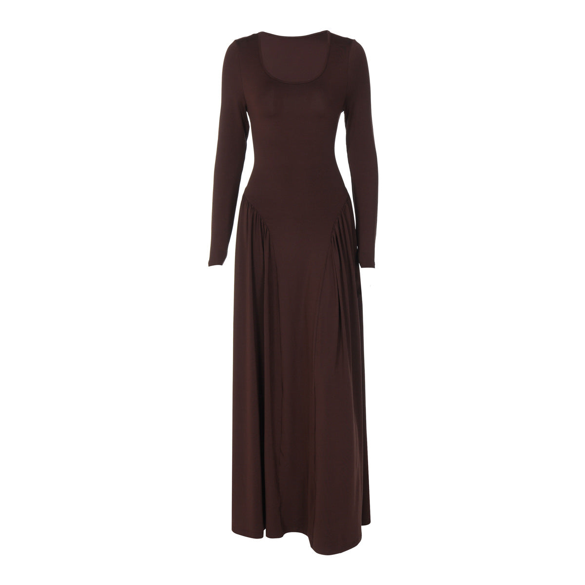 Women Autumn French U Shaped Collar Solid Color Long Sleeve Tied Waist Slimming Dress