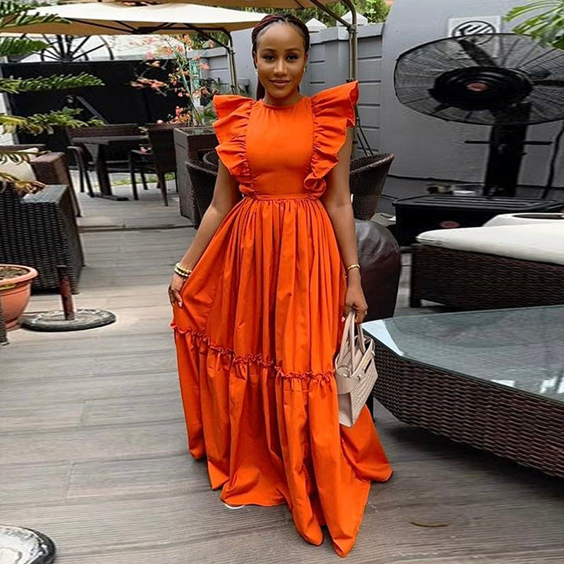 Women Clothing Summer Elegant Ruffle Short Sleeve Round Neck Waist Trimming Long Large Hem Dress