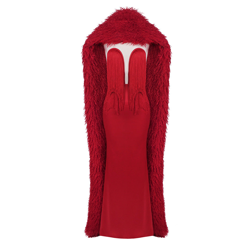 Autumn Winter Christmas High Sense Red Waisted Maxi Dress High Luxury Heavy Industry Dress Shawl Cocktail Tube Top