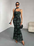 Spaghetti Strap Floral Print Fishtail Dress Women Printed Tight Wedding Bridesmaid Cocktail Party Formal Dress