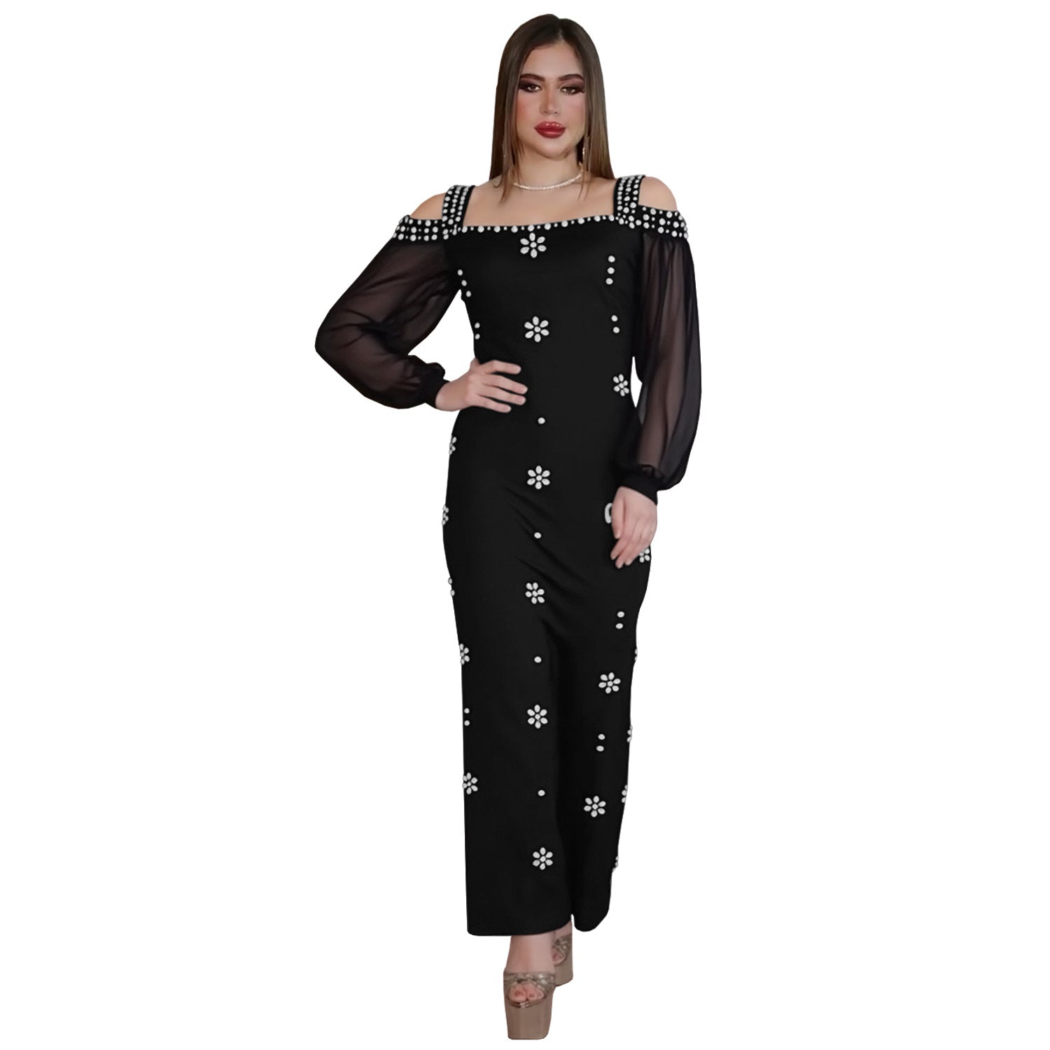 Women Wear Elegant Rhinestone Square Collar Mesh Slim Fit Dress