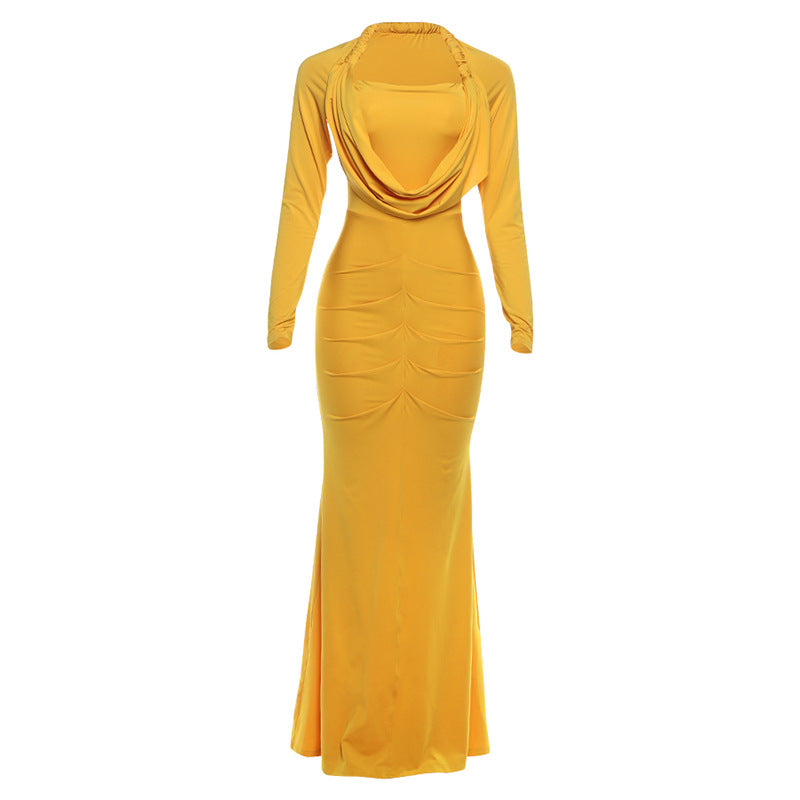 Autumn Winter Women Clothing Fashionable High Grade Solid Color Elegant Pile Collar Sexy Slim Fit Maxi Dress