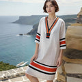 Greek V neck Striped Mid Length Loose Beach Dress Vacation Dress