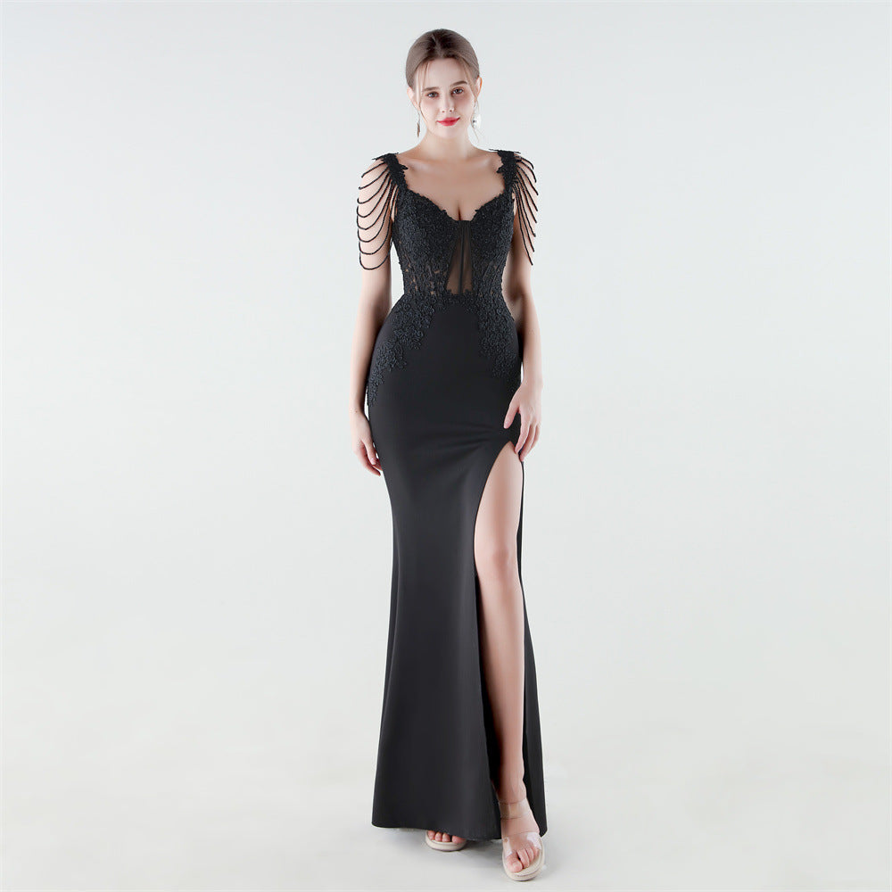 Heavy Industry Boning Corset Waist Binding Rhinestone Floral Evening Dress