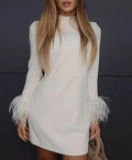 High-Grade Square Collar Ostrich Feather Long Sleeve Bandage Dress