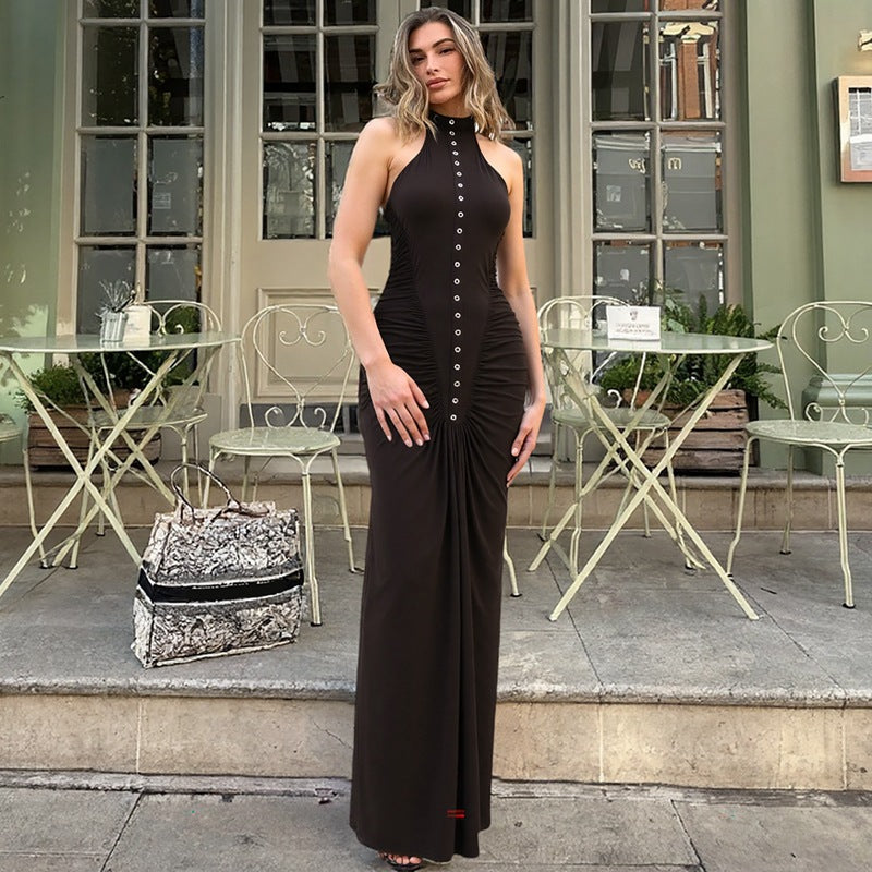 French Women Autumn Slim Fit Crumpled Button round Neck Sleeveless Dress for Women