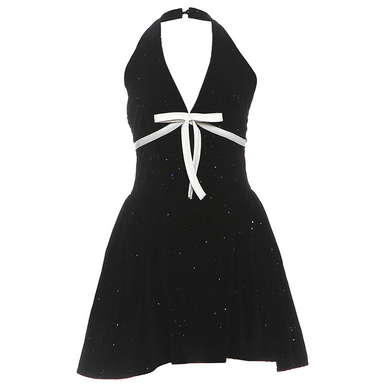 Autumn Winter Women Clothing Christmas Socialite Elegant Halter Backless V neck Bow Waist Dress