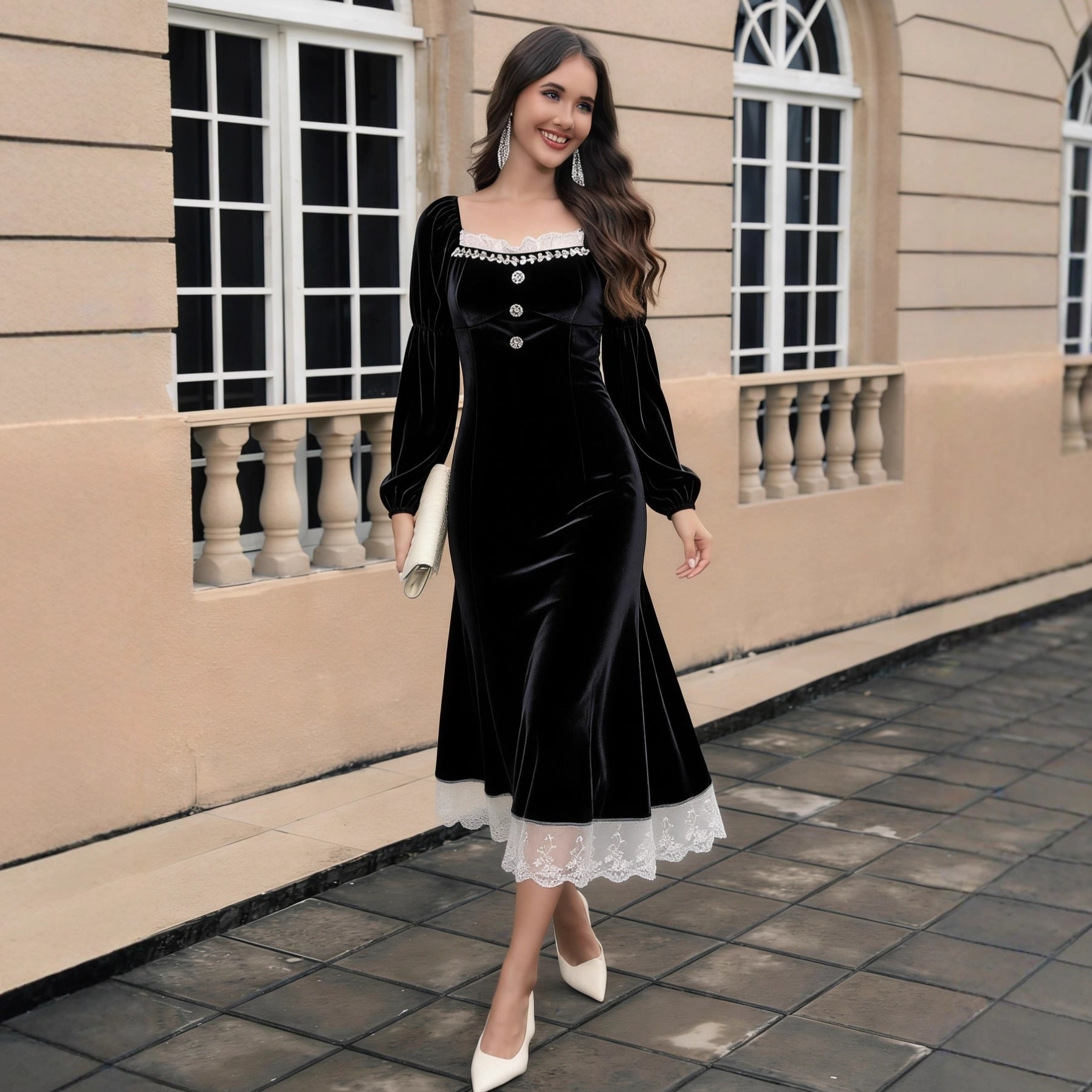 Hepburn Wind Black French Velvet Dress Women Autumn Winter Waist Tight Elegant Maxi Dress