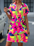 Women Clothing Summer Colorful Floral Printing Cardigan Short Sleeve Shirt Dress