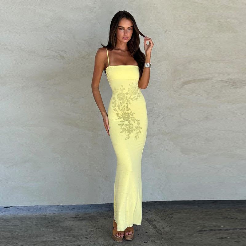 Rhinestone Suspender Skirt Elegant Backless Dress Sheath Fitted Waist Sexy Dress