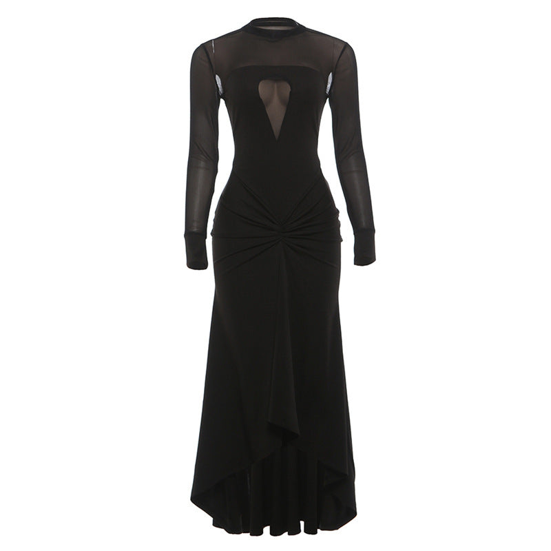 Autumn Winter Women Clothing Sexy Mesh Stitching round Neck See through Hollow Out Cutout Dress Elegant Dress Women