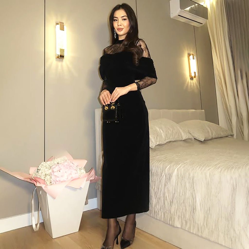 Winter Women Clothing Elegant Graceful Slim Fit Pleated Design Lace Stitching Dress
