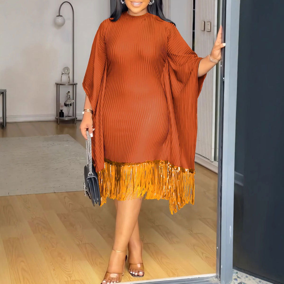 Women Sequined Tassel Bat Sleeve Elastic Hip Dress