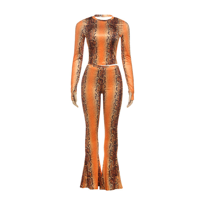 Women Clothing Autumn Sexy Cropped Long Sleeve Top High Waist Flared Pants Printing Set