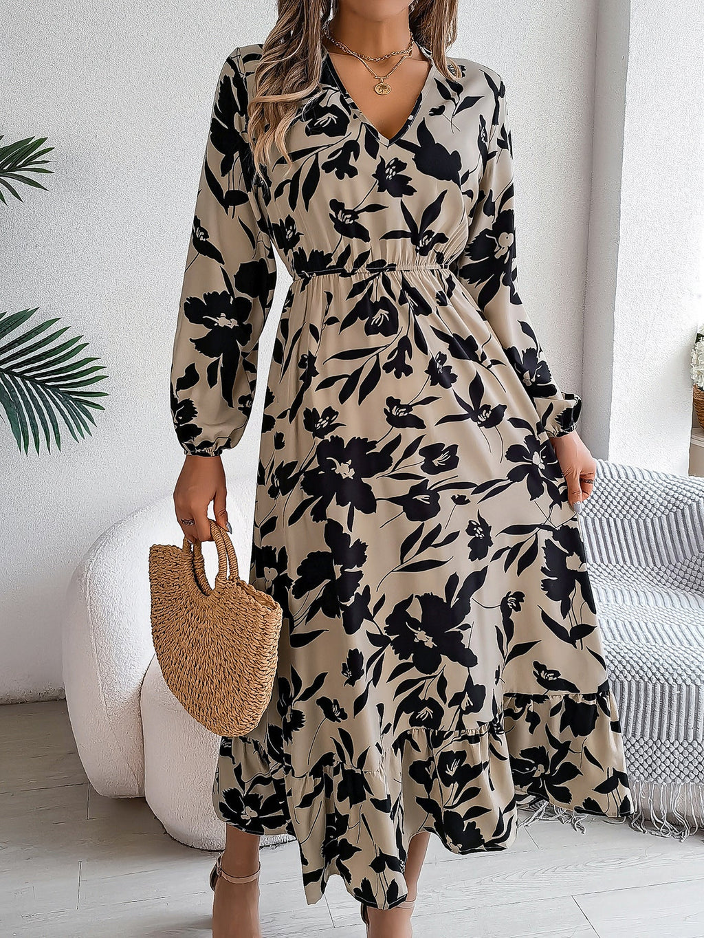 Real Shot Autumn Winter Casual Floral Waist Controlled Long Sleeves Ruffled Dress Women Clothing