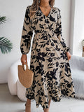 Real Shot Autumn Winter Casual Floral Waist Controlled Long Sleeves Ruffled Dress Women Clothing
