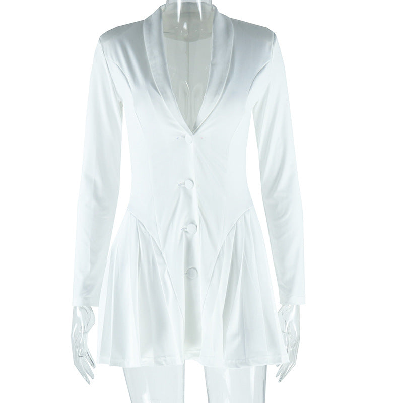 Women Clothing Sexy Solid Color Single Breasted Pleated Deep V Plunge Long Sleeve Dress